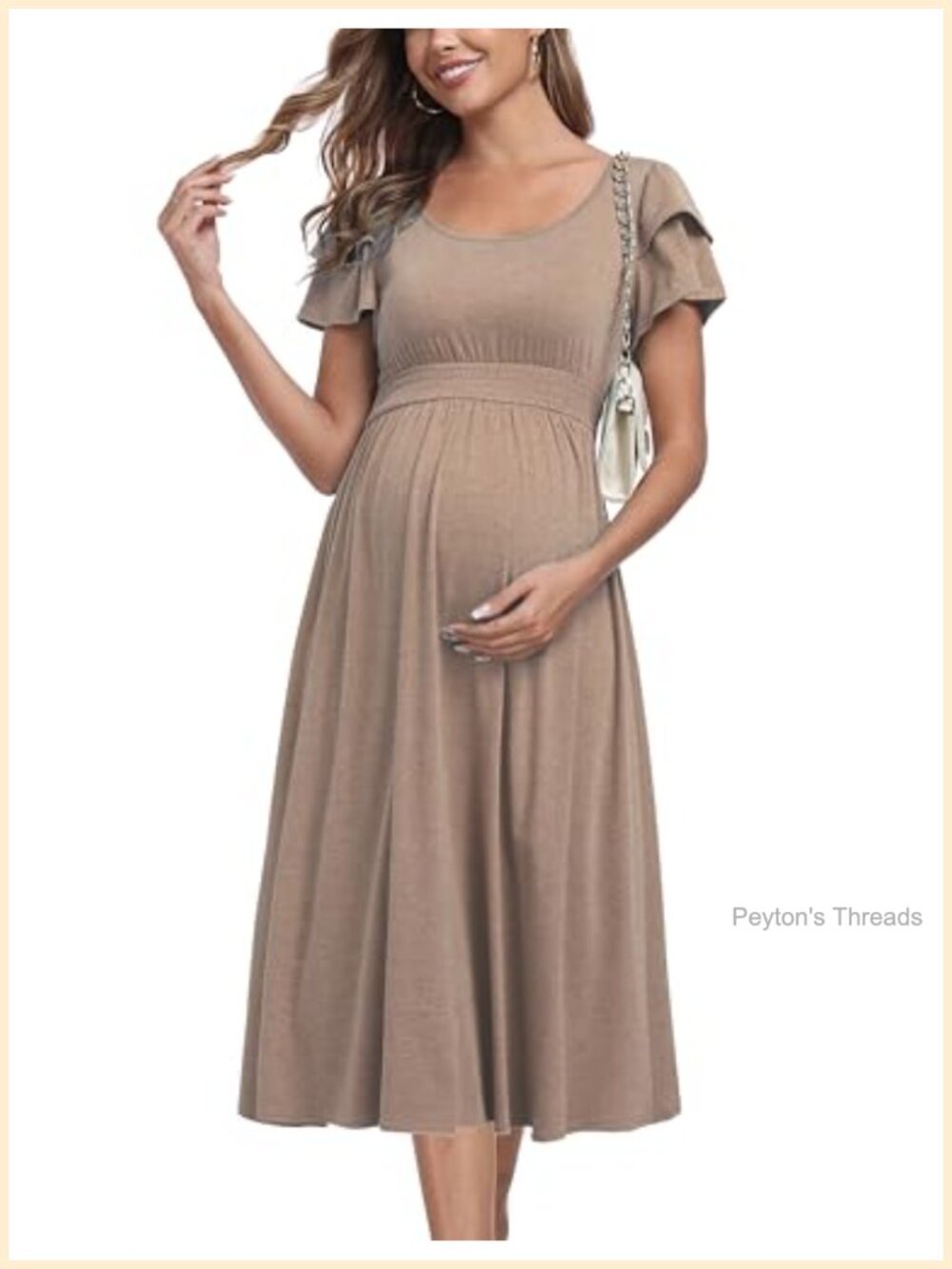 Ruffle Sleeve Maternity Dress High Waisted Midi A-Line Baby Shower Casual